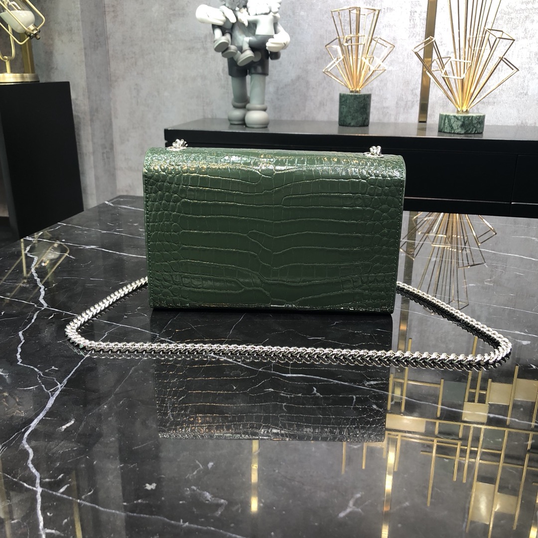 Saint Laurent Kate Tassel Small Crocodile Embossed Calfskin Shoulder Bag Handbag Army Green 474366 Silver